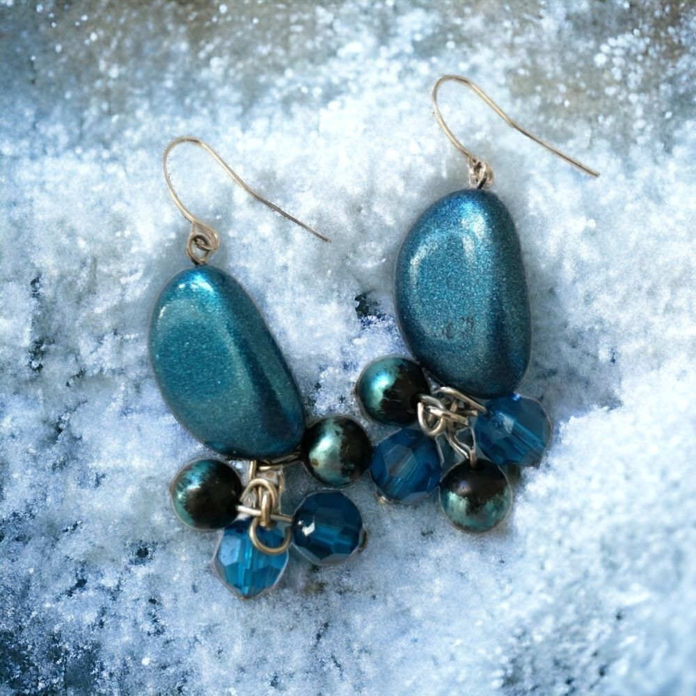 ‎Teardrop Beaded Earrings Dangle Silver Metallic Blue Tone Boho Gypsy Beachy Con